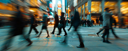 Business people walking in a cityscape with slight motion blur and ultra exposure. Cold temperature lighting.の素材
