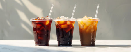 Three cups of iced coffee mockup with colored straws on a white background.の素材