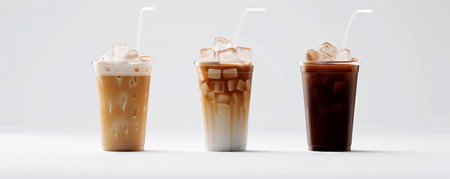 3 cups of iced coffee mockups with straws on a white background.の素材