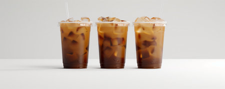 3 cups of iced coffee mockup with straws on a white background.の素材