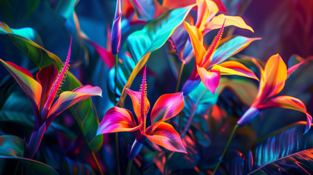 Tropical flowers with vibrant colors, enhanced by neon backlighting.の素材