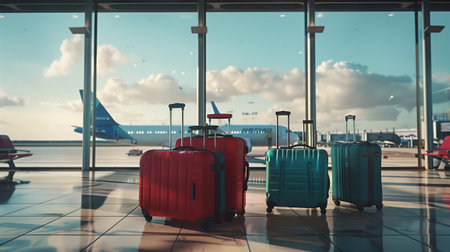 Suitcases at the airport against a window, overlooking a plane taking off. A travel concept.の素材
