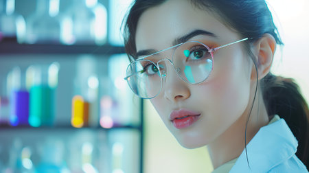 A talented female scientist examines substances in a laboratory environment.の素材