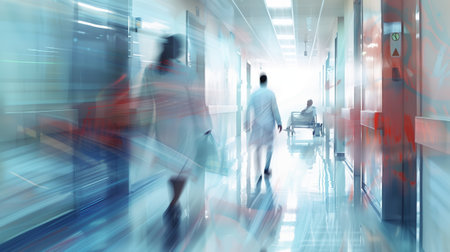 Doctors and patients in a hospital interior or clinic corridor appear in motion blur.の素材