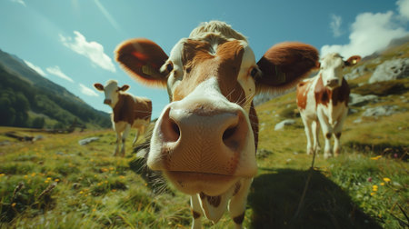 Smiling cow licks the camera in the shot.の素材