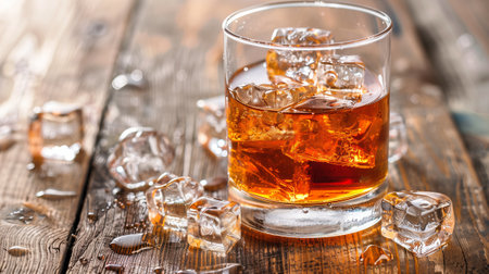 Whiskey with ice on a wooden table.の素材