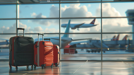 Suitcases at the airport in front of a window with a plane taking off. Travel concept.の素材