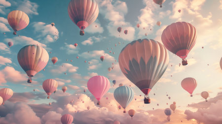 Many pastel-colored air balloons soar into the sky.の素材