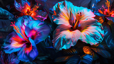 Tropical flowers in vibrant colors against a neon backlight.の素材