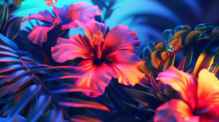 Tropical flowers with vibrant colors under neon backlight.の素材