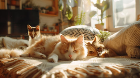 Cute pets playing in a cozy home environmentの素材
