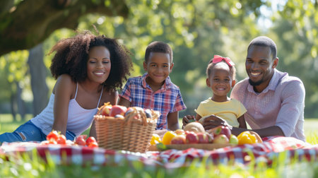 Happy family enjoys a picnic in the parkの素材