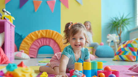 Happy children play with toys in a colorful room.の素材