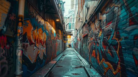 Urban alley adorned with graffiti artの素材