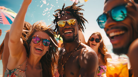 Diverse group of friends enjoying a beach party.の素材