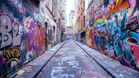 Urban alley adorned with graffiti artworkの素材