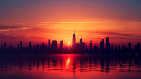 Sunset silhouette against the city skyline.の素材