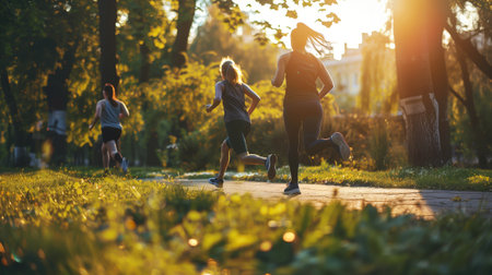 Healthy lifestyle concept illustrated by people exercising outdoors.の素材