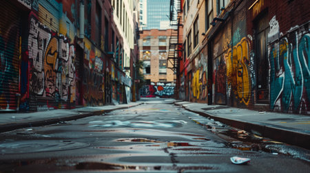 Urban alley adorned with graffiti artの素材