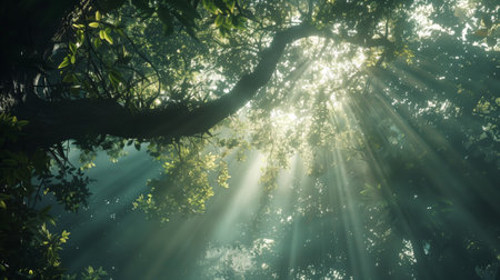 Forest canopy with sunlight streaming through.の素材