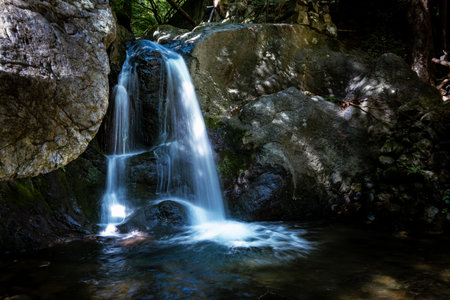 Small mountain waterfall on the rocks covered with moss in the forestの写真素材