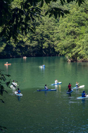 Okutama, Saitama Japan - 08 26 2021: Dangerous place rafting with teamwork in safetyのeditorial素材