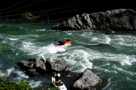 Okutama, Saitama Japan - 08 26 2021: Dangerous place rafting with teamwork in safetyのeditorial素材