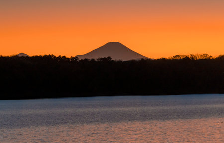 Sunset view of Mt. Fuji at Lake Kawaguchikoの写真素材