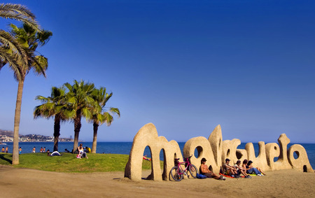 MALAGA, SPAIN - APRIL 20: Malagueta Beach entrance sign welcomes visitors on April 20, 2009 in Malaga, Spain. のeditorial素材