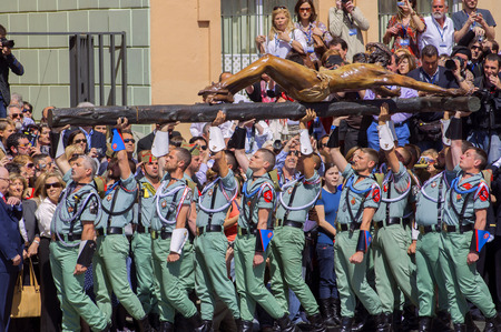 MALAGA, SPAIN - APRIL 09: Spanish Legionarios march on a military parade in Semana Santa (Easter) with Mena Christ, April 09, 2009 in Malaga, Spain のeditorial素材