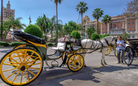 MALAGA, SPAIN - JUNE, 14: Horsemen and carriages in the city streets on June, 14, 2013 in Malaga,...