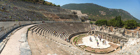 EPHESUS, TURKEY - AUG 01: visitors in Curetes street on August 01, 2014 in Ephesus, Turkey. Ancient Ephesus contains the largest collection of Roman ruins in the eastern Mediterraneanのeditorial素材