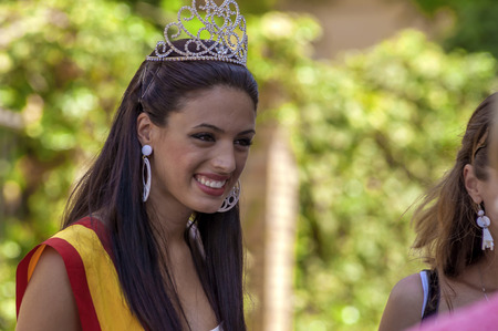 MALAGA, SPAIN - AUGUST, 14: Beautiful woman in flamenco style dress at the Malaga August Fair on August, 14, 2009 in Malaga, Spainのeditorial素材