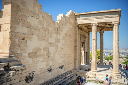 Athens, Greece - September 8, 2014: Tourists sightseeing the ruins of Erechtheion temple on Acropolis Hill, Athens Greece.のeditorial素材