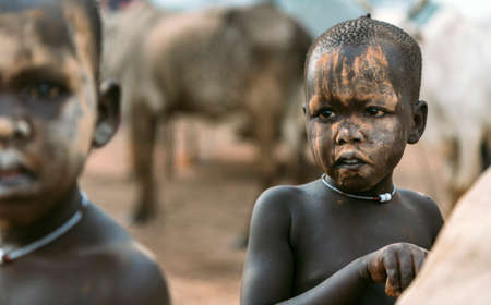 MUNDARI TRIBE, SOUTH SUDAN - MARCH 11, 2020: Child with mud on face looking away while working with friend near livestock on pasture of Mundari Tribe village in South Sudan, Africaのeditorial素材