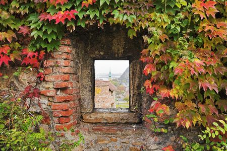 Window in the fortress wall, Budapest, Hungaryの写真素材