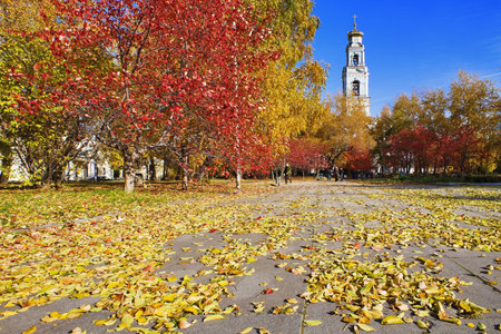 Autumn Landscape with a bell tower of the Ascension Church in Yekaterinburg, Russiaの写真素材