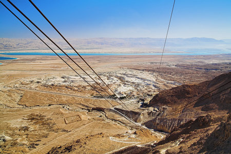 View of the Dead Sea and the mountains of Jordan from the funicular of fortress Masada, Israelの写真素材
