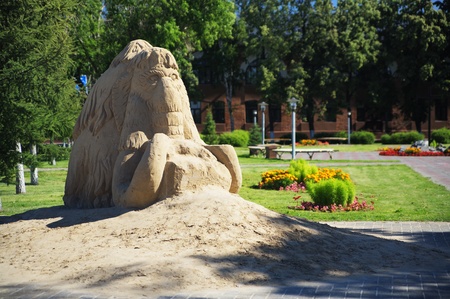 Sand sculpture of Mammoth in Tyumen at summer sunny day, Siberia, Russiaの写真素材