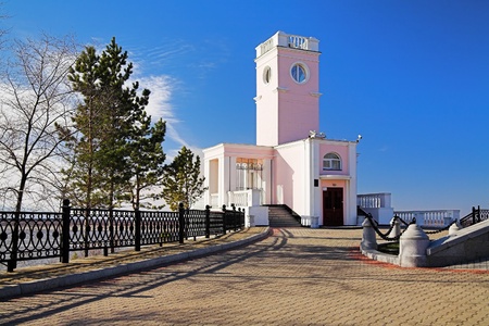 Building on the rock over the Amur River, Khabarovskの写真素材