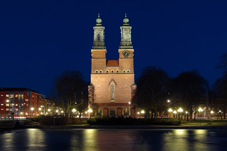 Night view on Cloisters Church  Klosters kyrka  in Eskilstuna, Swedenの写真素材