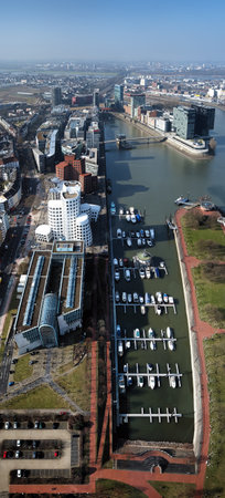 Dusseldorf, View from Rheinturm TV tower on Media Harbour with buildings of architect Frank Gehry, Germanyの写真素材