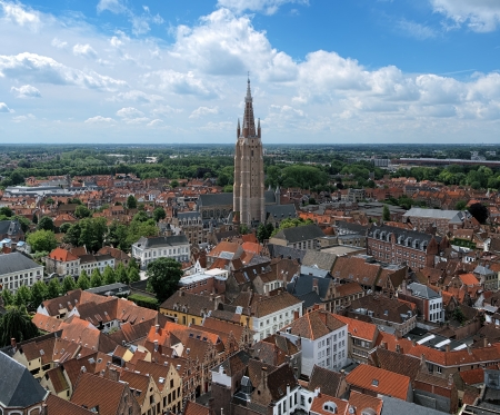 Top view on the Church of Our Lady and Old Town of Bruges, Belgiumの写真素材