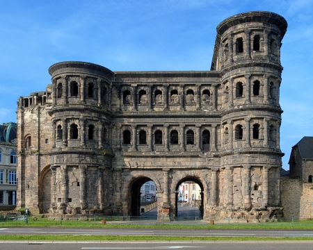 The Porta Nigra  Black Gate  - a 2nd-century Roman city gate in Trier, Germanyの写真素材