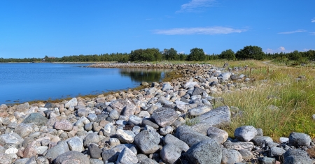 Coast of White Sea with stones on Bolshaya Muksalma Island in summer sunny day, Solovetsky archipelago, Russiaの写真素材
