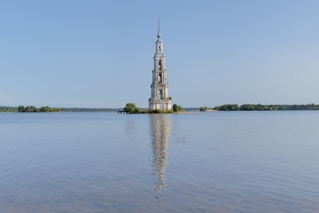 Famous Flooded Belfry on the Volga river in Kalyazin, Russiaの写真素材
