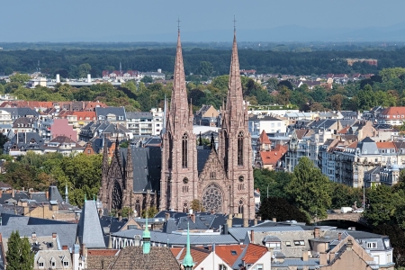 View on Strasbourg with church of St Paul, Franceの写真素材