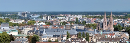 Panorama of Strasbourg with Building of European Parliament and Church of St Paul, Franceの写真素材