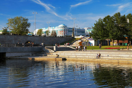 Embankment of the river Iset and historical square in Ekaterinburg, Russiaのeditorial素材