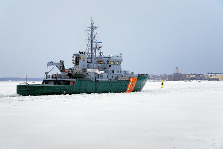 Border guard ship and Suomenlinna fortress in the distance, Helsinki, Finland